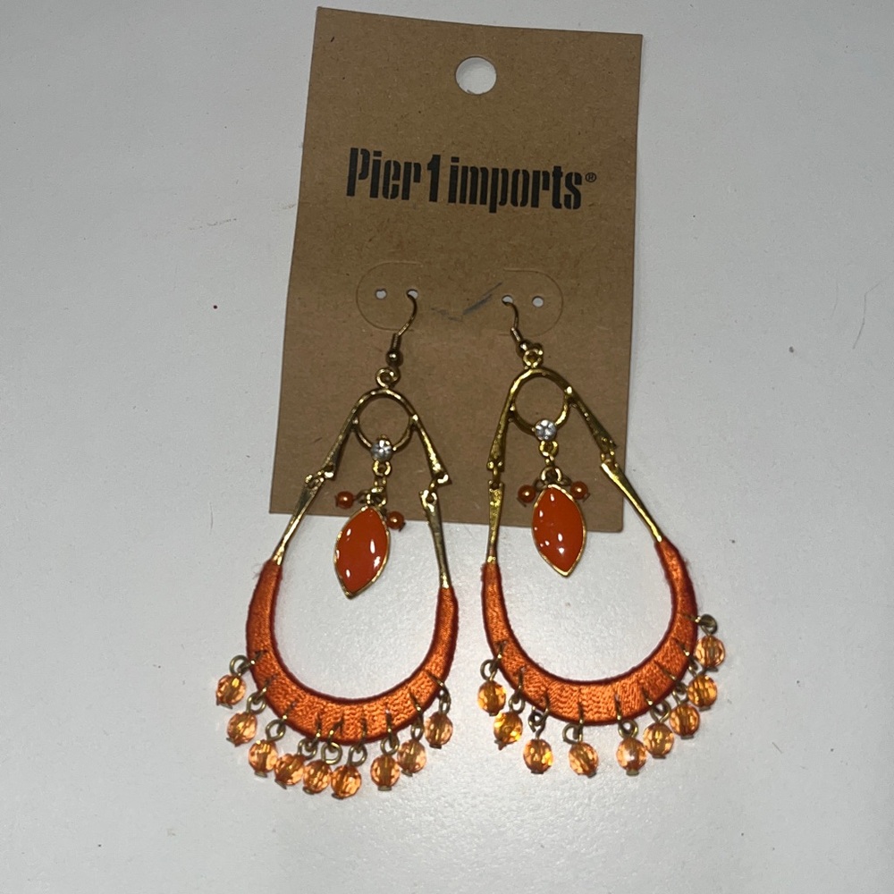 Pier 1 Gold and Orange Dangle Beaded Earrings
